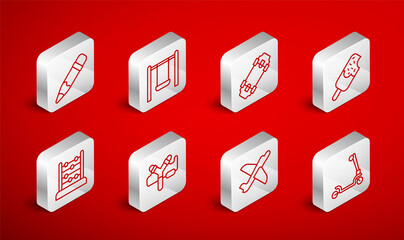Set line Roller scooter, Swing, Skateboard, Ice cream, Toy plane, Pencil with eraser, Slingshot and Abacus icon. Vector
