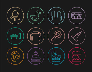 Set line Toy building block bricks, Dart arrow, Jump rope, Headphones, Trumpet, Racket, Rattle baby toy and Rubber duck icon. Vector