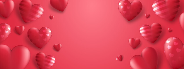 Banner with red 3d hearts and place for your text. Vector illustration