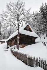 Vertical photo of snow covered and frozen wooden cabins in the middle of mountain (forest) with stream on background in winter. Snowy slovak landmark - Mlyny Oblazy (Kvacianska dolina) in morning.