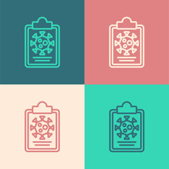 Pop art line Medical clipboard with blood test results icon isolated on color background. Clinical record, medical check marks report. Vector.