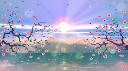 Beautiful sakura branches with pink flowers over blue sky, sunset and green water, island with mountains. Wonderful Japanese landscape with nature, asian artwork in vector.