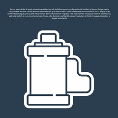 Blue line Camera vintage film roll cartridge icon isolated on blue background. 35mm film canister. Filmstrip photographer equipment. Vector