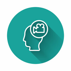 White line Head with camera icon isolated with long shadow. Video camera. Movie sign. Film projector. Green circle button. Vector