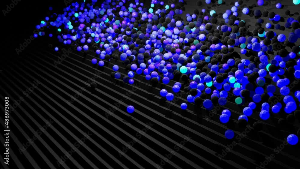 Poster spheres or balls fall down on steps bounce off stair and roll down light up and form pattern. sphere