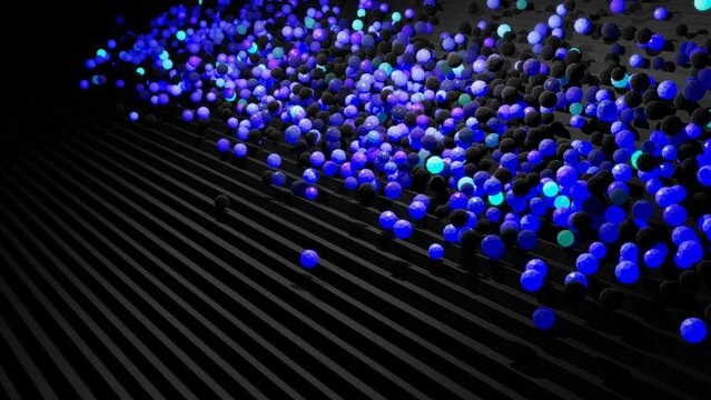 Spheres or balls fall down on steps bounce off stair and roll down light up and form pattern. Spheres and balls like abstract bulbs or garland. Abstract background 4k 3d render Motion design nft style