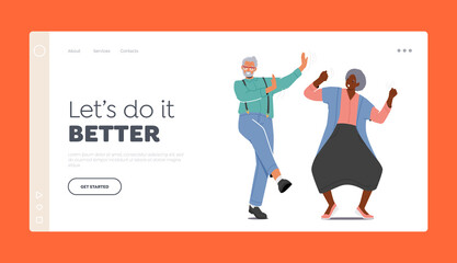 Elderly Characters Fun, Party Landing Page Template. Active Old Man and Woman Dance Leisure. Cheerful Seniors Dancing