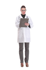 Happy smiling female doctor with stethoscope writing on clipboard