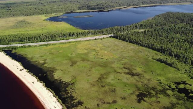 Aerial view of swamp and forest in Karelia