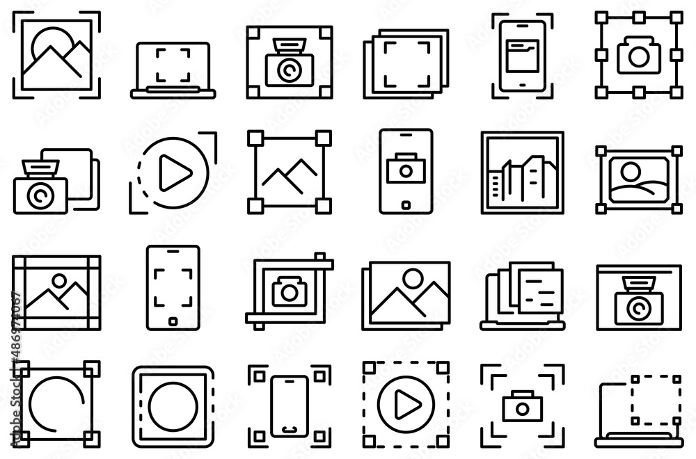 Poster screenshot icons set outline vector. take app. button camera