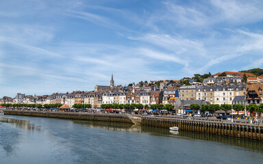 Fototapeta na wymiar City skyline of Trouville, panoramic view over the Touques river from Deauville, Normandy, France. 