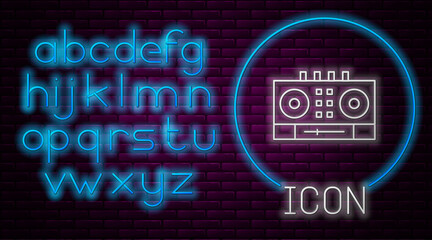 Glowing neon line DJ remote for playing and mixing music icon isolated on brick wall background. DJ mixer complete with vinyl player and remote control. Neon light alphabet. Vector