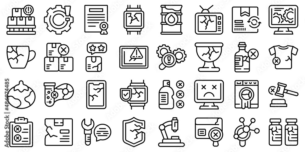 Poster defective product icons set outline vector. container defect. analysis certification
