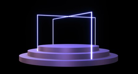 Podium with neon double laser frame template. Pale blue empty pedestal with 3d render lighting and laser beams around perimeter. Digital decoration for advertising in trendy color very peri.