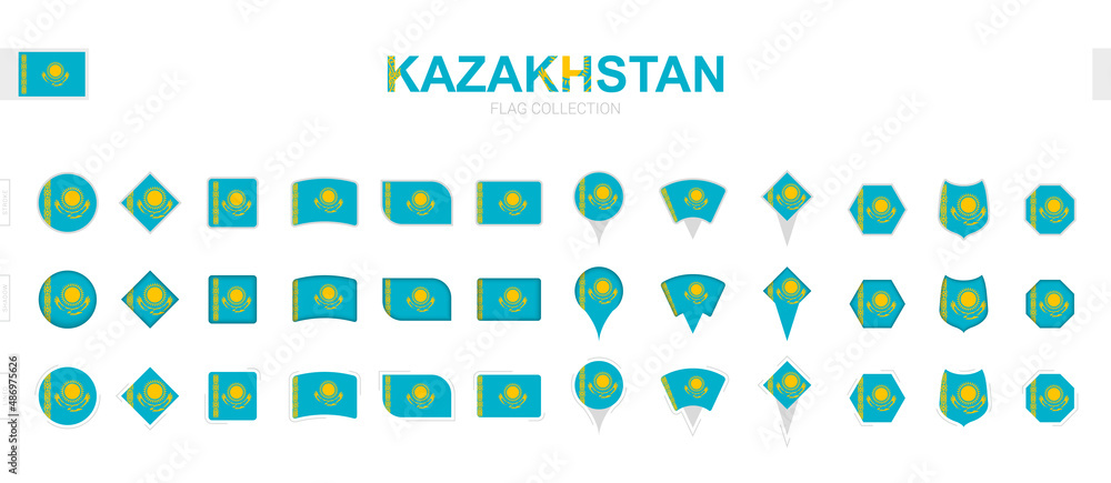 Wall mural large collection of kazakhstan flags of various shapes and effects.