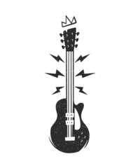 Vintage black and white stylized electric guitar with spray classic shape with a crown isolated on white background.