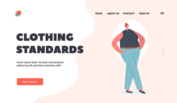 Clothing Standards Landing Page Template. Woman with Round Body Shape, Female Character Apple Figure Type with Big Belly