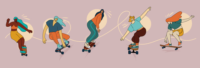 Girls ride on skateboards. Skateboarding woman set. Illustration of girls with skateboard and longboard. Making Stunts and Tricks on Skateboards. Young skateboarders