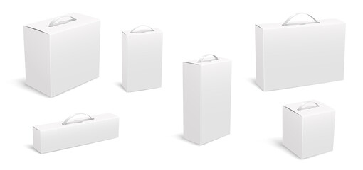 White realistic carton box for design and brand template. Handle package isolated