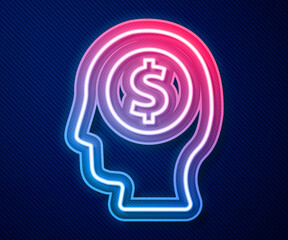 Glowing neon line Business man planning mind icon isolated on blue background. Human head with dollar. Idea to earn money. Business investment growth. Vector