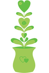 Vector flower pot with flowers in the form of hearts in a flat style.