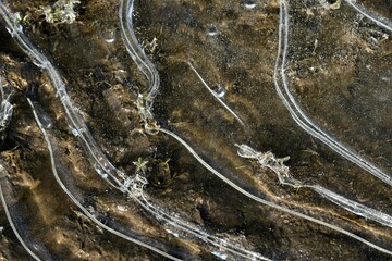 Gefrorene Wasserfläche mit Muster und Untergrund