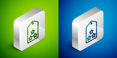 Isometric line Military rank icon isolated on green and blue background. Military badge sign. Silver square button. Vector