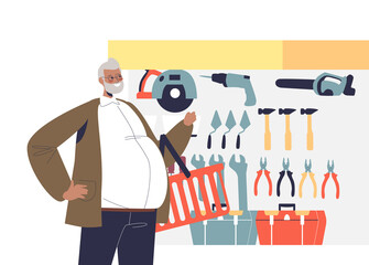 Man in hardware store choosing equipment for construction work or renovation at home