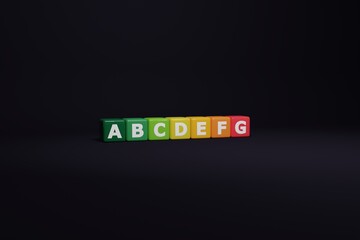 EPC energy performance certificate 3d image - Save the planet - Green energy - High and low energy consumption for elecetricty and water bills - Ecologic green power - A B C D E F G levels