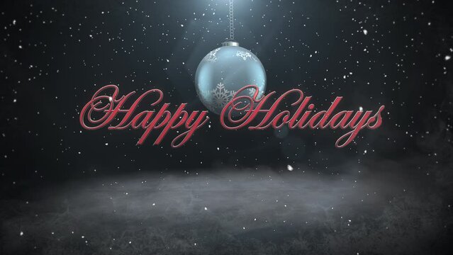 Happy Holidays with silver balls and snowflakes on black background, motion holidays and winter style background for New Year and Merry Christmas