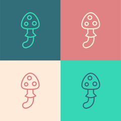 Pop art line Psilocybin mushroom icon isolated on color background. Psychedelic hallucination. Vector