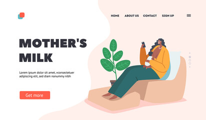 Breastfeeding Landing Page Template. Female Character Sit on Armchair with Smartphone Feeding Baby with Breast
