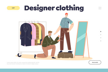 Designer clothing concept of landing page with male dressmaker sewing garment on customer