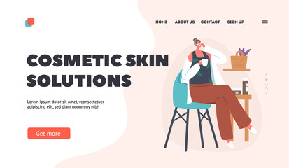 Cosmetic Skin Solutions Landing Page Template. Woman Applying Natural Mask. Female Character with Eye Pads Drink Tea
