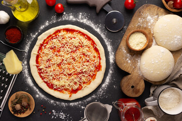 Pizza homemade cooking or baking on table. Dough pizza  at wooden tabletop background