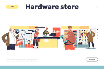 Hardware store concept of landing page with people buying tools for renovation, construction and maintenance