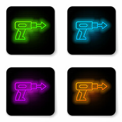 Glowing neon line Fishing harpoon icon isolated on white background. Fishery manufacturers for catching fish under water. Diving underwater equipment. Black square button. Vector