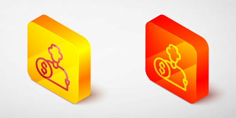 Isometric line Buy football or soccer player icon isolated on grey background. Yellow and orange square button. Vector