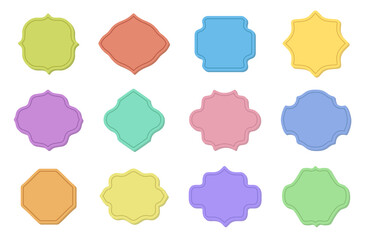 Label vintage flat set. Template for retro cover wedding card invitation advertising signboard. Luxurious sticker of various shapes holiday price papercraft tag greeting. Vector illustration isolated