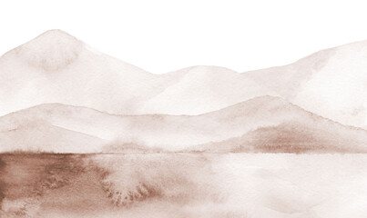 Fototapeta na wymiar Watercolor Minimalist Painting Mountains Landscape Background. Watercolour illustration on white.