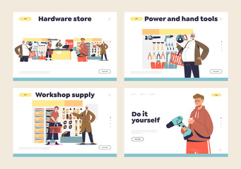 Naklejka na ściany i meble Buying tools in hardware store concept of template landing pages with people purchasing equipment