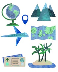 travel icons set, infographic for tourism, flat illustration for camping , globe, airplane, map destination  point, mountains, tickets bundle elements on white background, hand drawn set with texture.