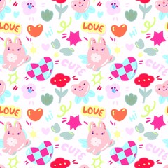 seamless concept pattern with lettering love, hi, cute with hearts flowers bunny stars for gift wrapping paper for kids,celebrating Valentines Day, Mother’s 