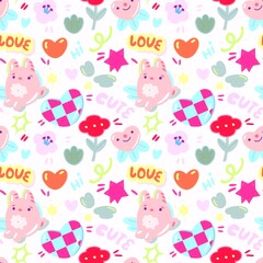 seamless concept pattern with lettering love, hi, cute with hearts flowers bunny stars for gift wrapping paper for kids,celebrating Valentines Day, Mother’s 