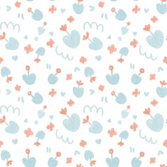seamless floral pattern with leaves and hearts. Detailed kawaii raster hand drawn illustration for print, wrapping paper, bed linen, clothes in pastel colors.