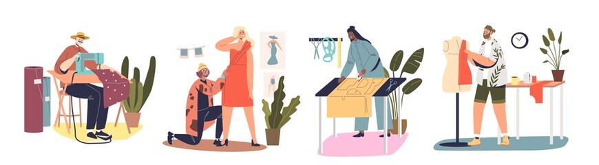 Sewing clothes concept of people set working in atelier or fashion studio tailoring clothing