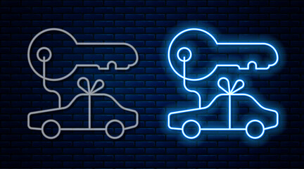 Glowing neon line Car gift icon isolated on brick wall background. Car key prize. Vector