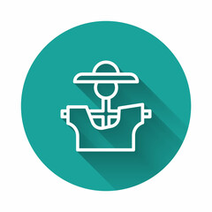 White line Scarecrow icon isolated with long shadow background. Green circle button. Vector