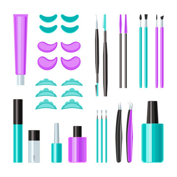 Eyelashes lamination vector illustration. Lashes tools set for cosmetic procedures laminating, extension, staining and curling. Makeup accessoires collection. isolated on transparent background.