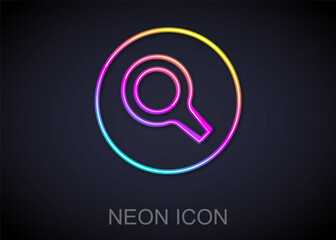 Glowing neon line Magnifying glass icon isolated on black background. Search, focus, zoom, business symbol. Vector